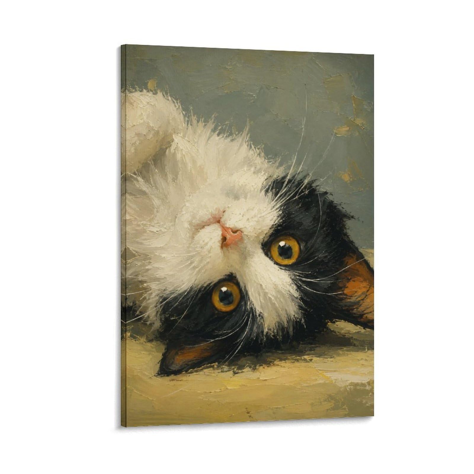 W7C8U2X3 Playful Tuxedo Cat Portrait Canvas Wall Art, Whimsical Cat