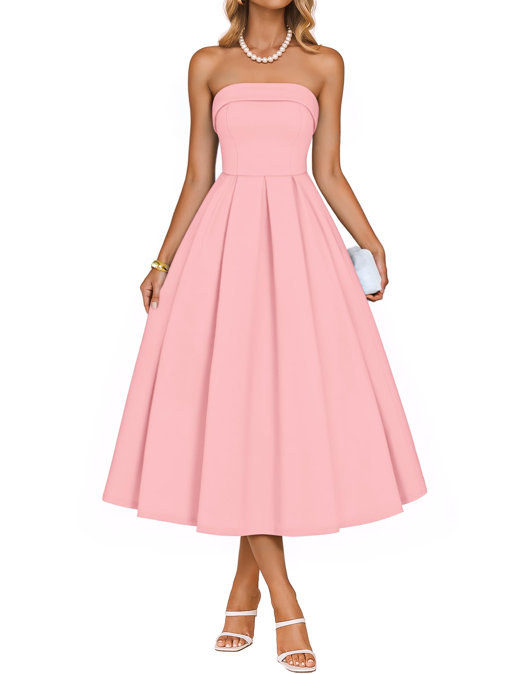 Women's Summer Strapless Cocktail Dresses 2026 Elegant Off Shoulder Flowy A Line Wedding Guest Party Midi Dress