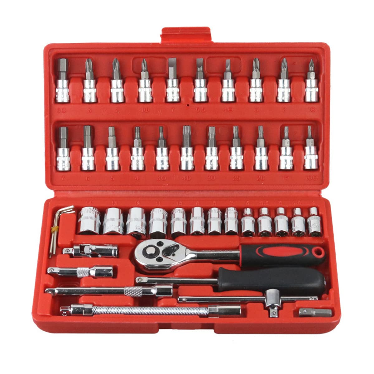 HUAHA 46 Pieces 1/4 inch Drive Socket Ratchet Wrench Set,with Bit Socket Set Metric and Extension Bar for Auto Repairing and Household, Is A Unique Gift For Men