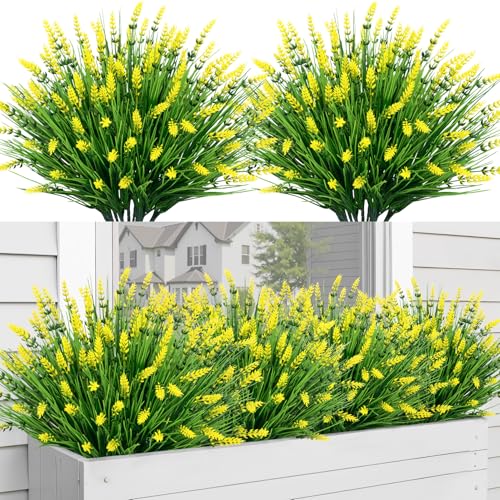 Image of Bassion 24 Bundles Fake Lavender Artificial Flowers for Outdoors, Yellow | UV resistant, plastic lavender with monkey grass, faux plants, home porch garden window box outdoor indoor decorations