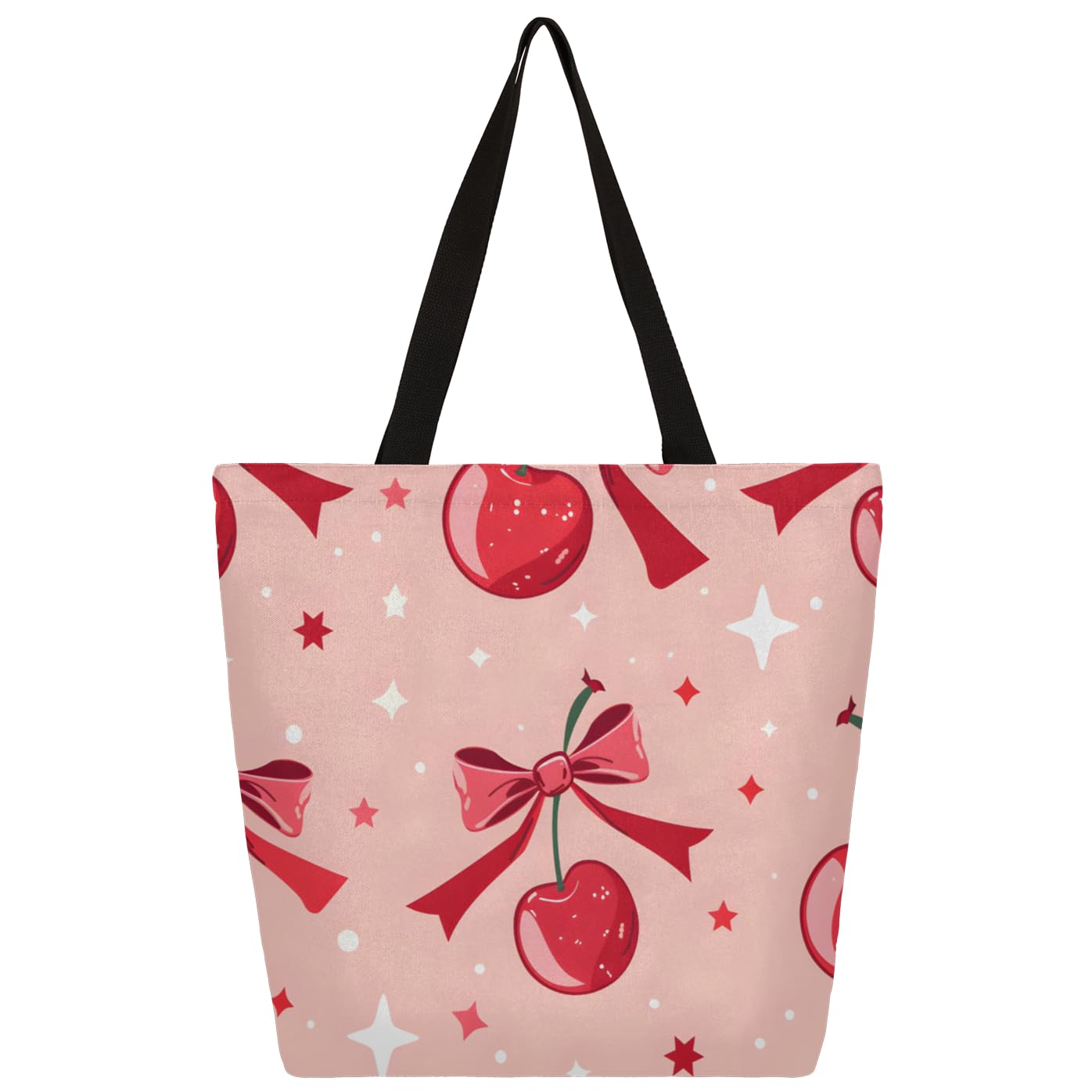 Mularoka Stars Cherries Large Capacity Canvas Tote Bag Stylish Handheld Shoulder Bag Reusable Shopping Bag for Work Travel Beach Trips Shopping