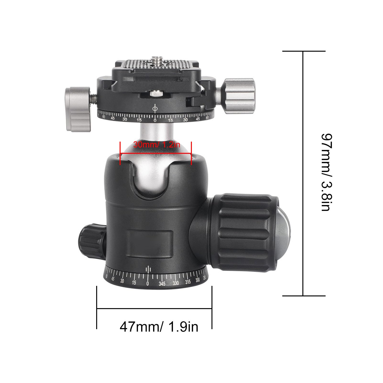 Testa a Sfera per Treppiede, Testa Panoramica Girevole a 360 Gradi con Piastra a Sgancio Rapido e Smorzamento Regolabile, per Fotocamera DSLR, Videocamera, Monopiede, Carico (30 mm)