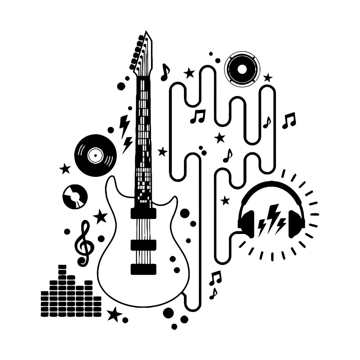 Vinyl Wall Stickers Guitar Headphones Cd Electric Guitar 54x57.9cm Multiple Size Options Large Black — image 1