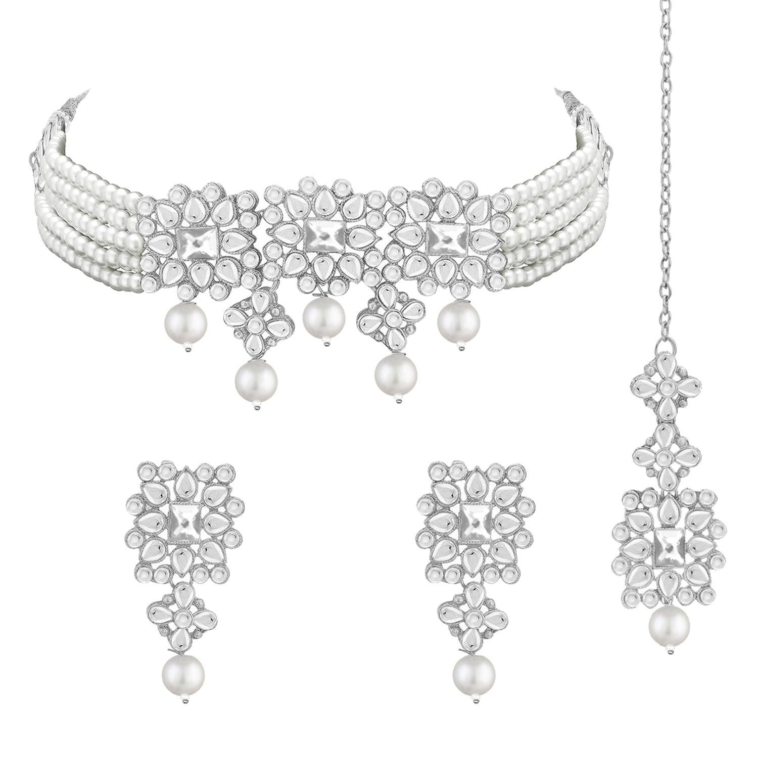 Peora Silver Plated Pearl Beaded Adjustable Choker Necklace with Earring Maang Tikka Jewellery Set For Women Girls (B09DS2VDHQ) Amazon Price History, Amazon Price Tracker