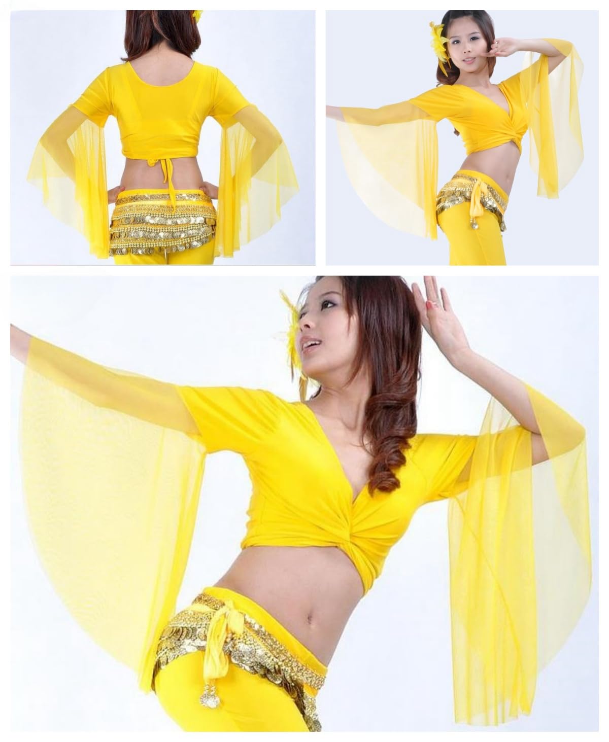 Blusa de baile con mangas acampanadas para mujer, cuello V mangas 3/4 de tul, blusa cruzada para danza del vientre tribal, camisa con cordones blusas borlas for festivales, discotecas ropa de baile