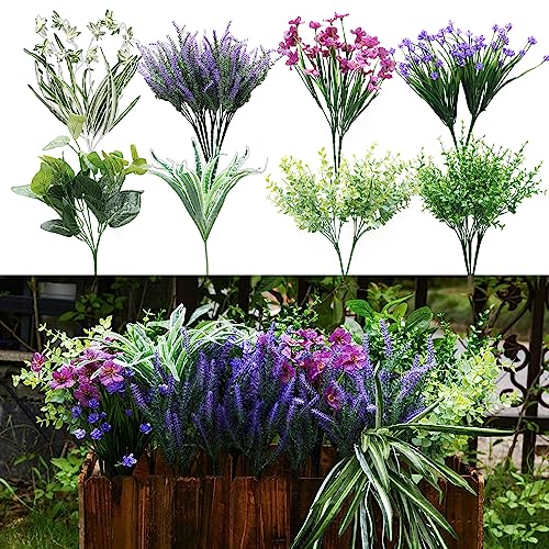PARTY JOY 19 Bunches Fake Plants Outdoor, Fake Bushes UV Resistant Artificial Lavender Flowers Greenery Shrubs Faux Greenery for Outdoor Garden Patio Front Porch Yard Decor