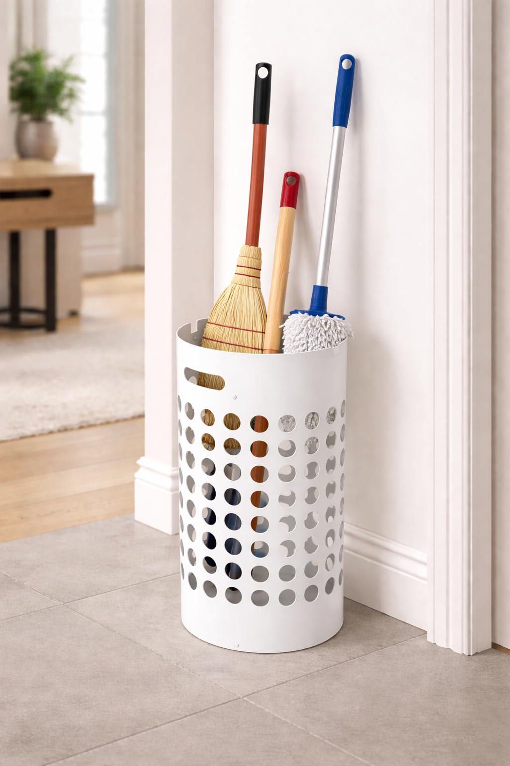 56115 Metal Designer lasting broom stand/mop stand for Indian home/office and commercial spaces/Modern stylish broom holder/walking stick storage- White-image-49