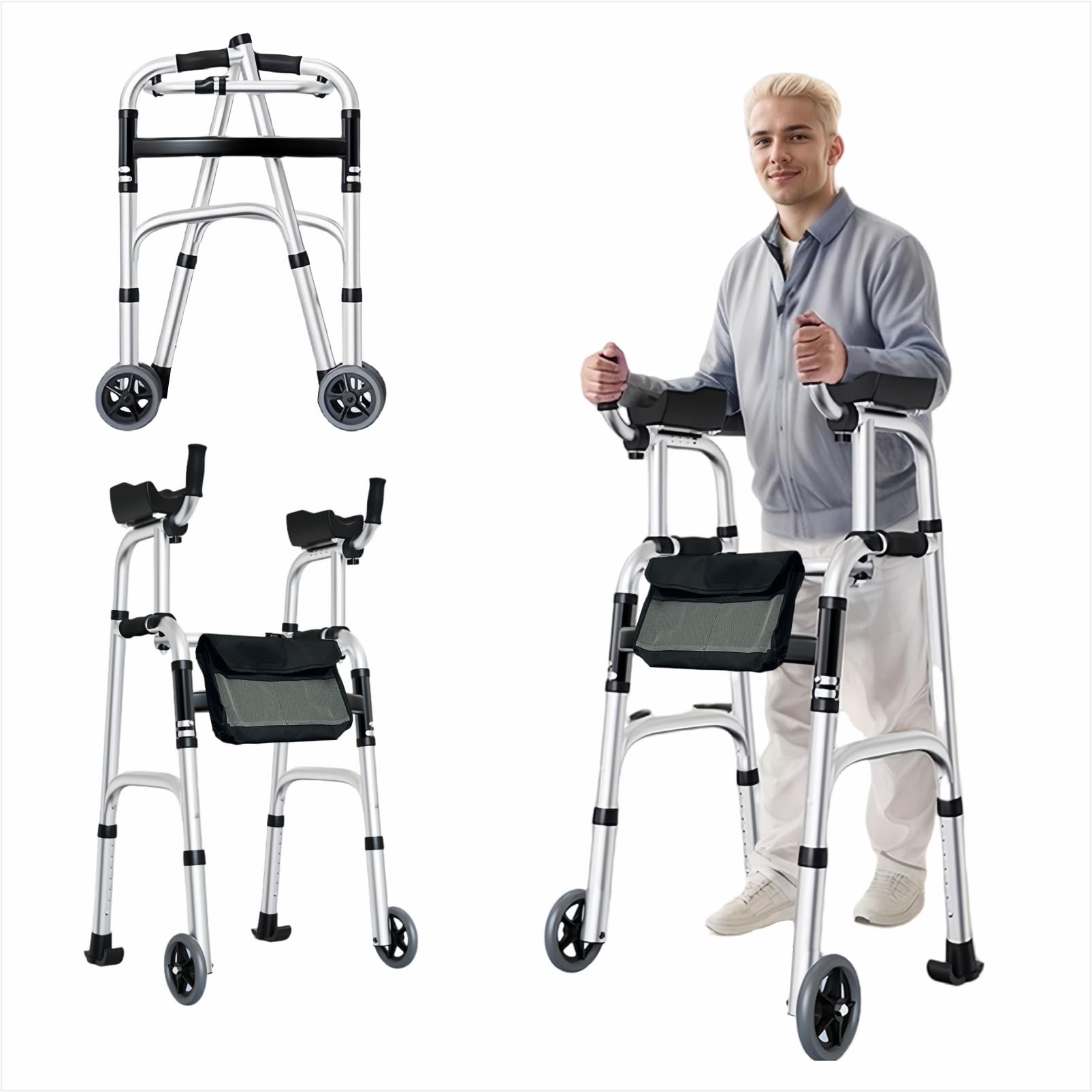Andador plegable con almohadilla para reposabrazos, andador vertical para personas mayores, ayuda de movilidad de pie para interiores y exteriores, capacidad de peso de 300 libras, altura ajustable