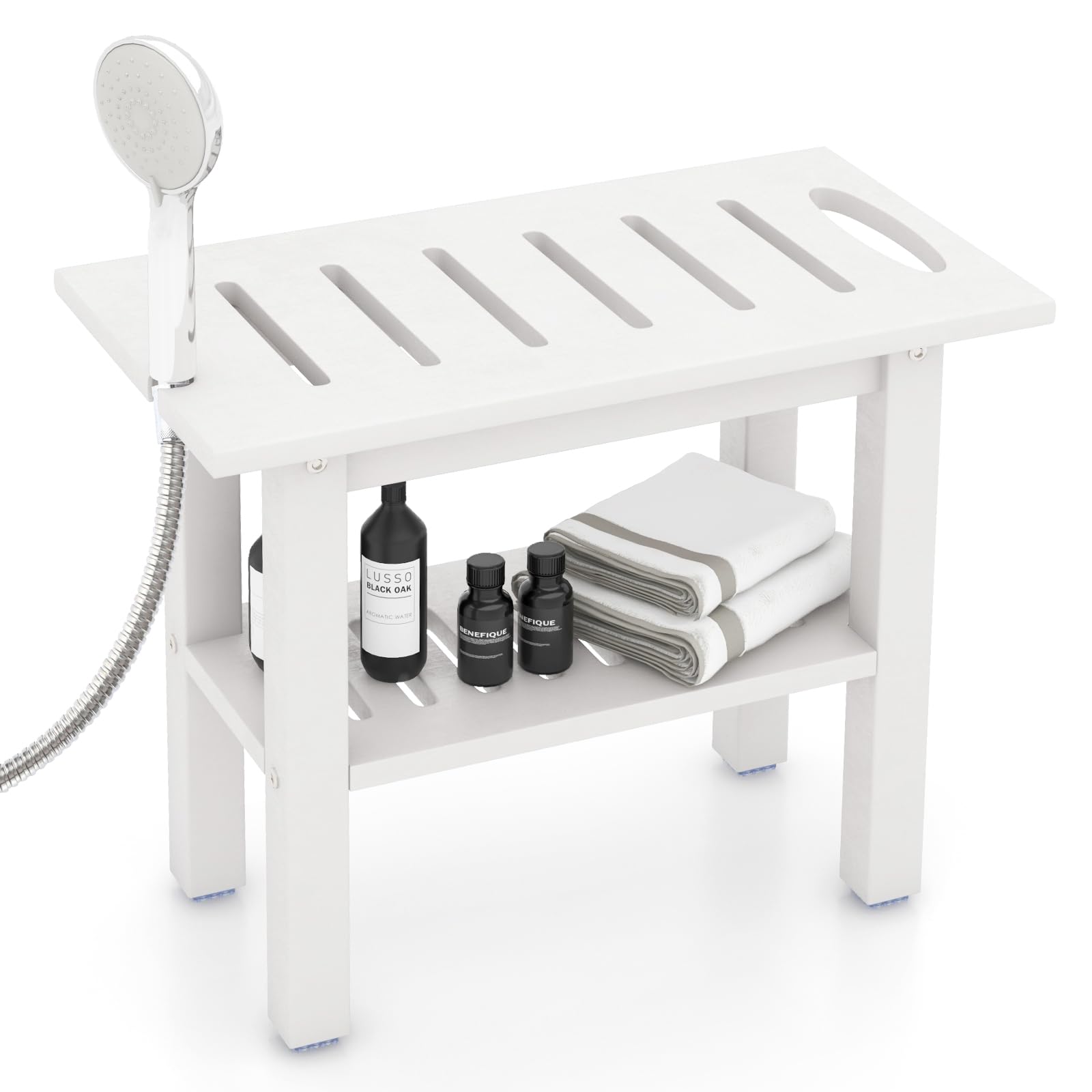 COSTWAY Taburete de Ducha, Banco de Ducha Impermeable de Baño con Estante de Almacenamiento de Madera, Asiento Bañera Adulto para Ducha para Uso en Interiores y Exteriores