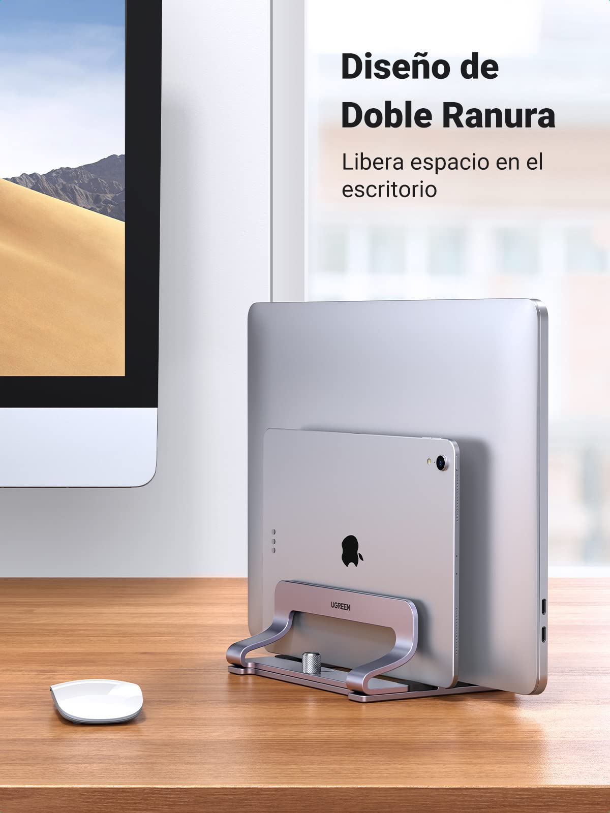UGREEN Soporte Vertical para Portátil Ajustable con 2 Ranuras, Elevador Laptop Stand de Mesa Compatible con MacBook Pro/Air, Matebook, HP, iPad, Tableta y Otro Gris