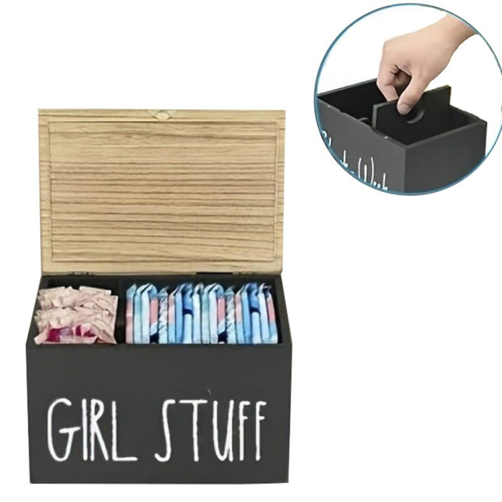 Scatola porta tamponi in legno, supporto con divisori con coperchio, organizer per l'igiene femminile per donne, tovaglioli, bagno, casa, hotel, bagno