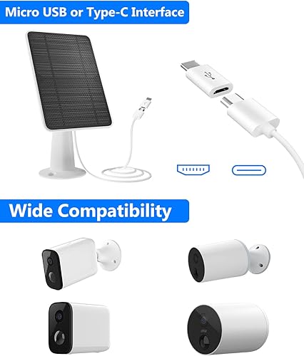 Miniatura 4 de Panel solar para cámara de seguridad, panel solar USB de 5 W para cámara de seguridad CC de 5 V, panel solar con puerto micro USB y USB-C, cargador