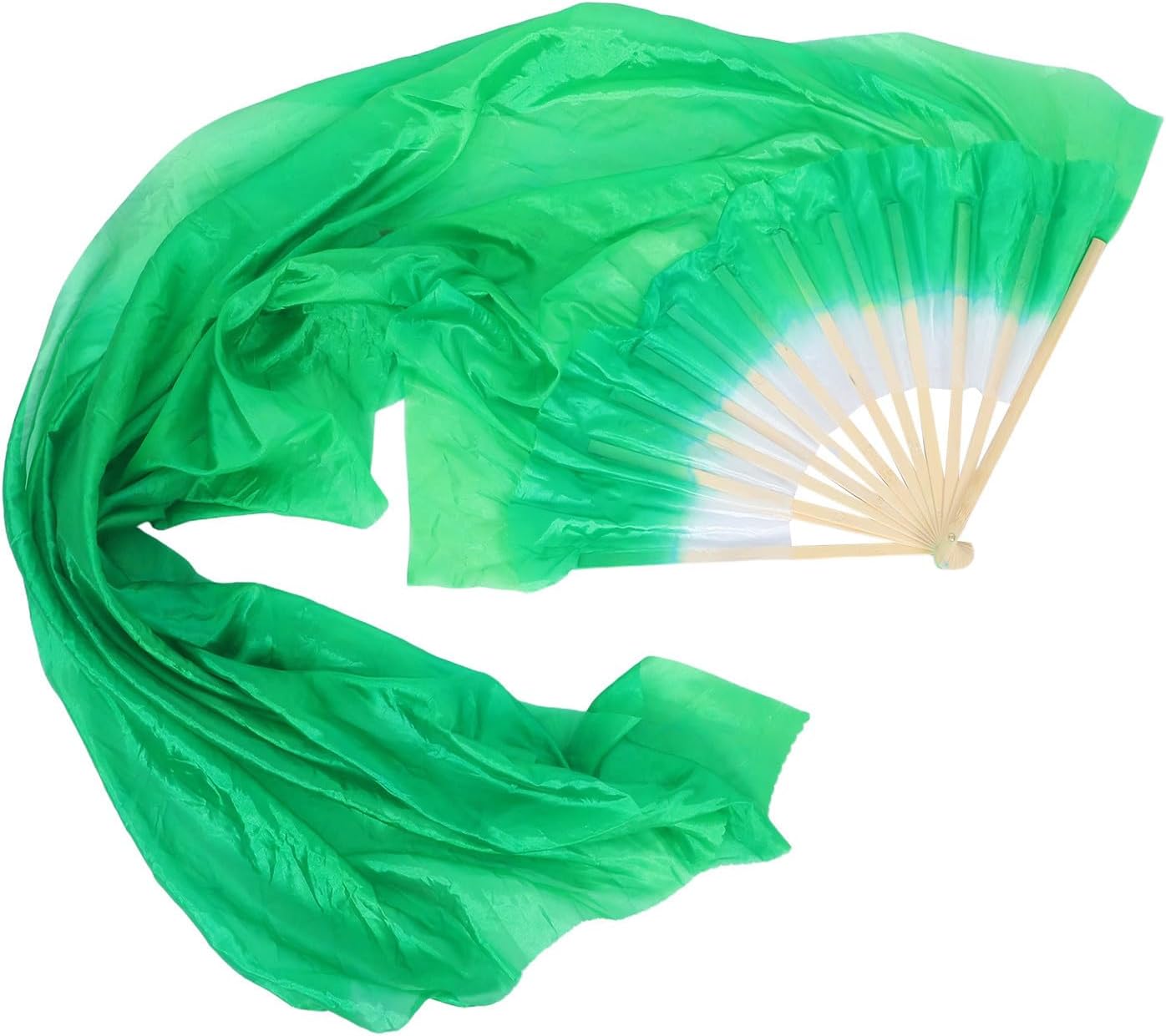 Levemolo Light Green Long Folding Silk Fan for Belly Dance, Lightweight and Easy to Unfold Elegant Silk Fan for Women in Dance Performance