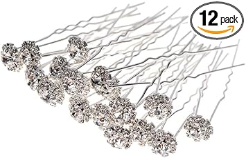 TopFinder 12pc Silver Crystal Flower Decoration Juda Pins For Hair | Wedding | Silver Metal | Pearl Pin Styling Decorative Accessories | Women Girls Bridal Flare Diamond Flowers Fancy Braid Hairclips