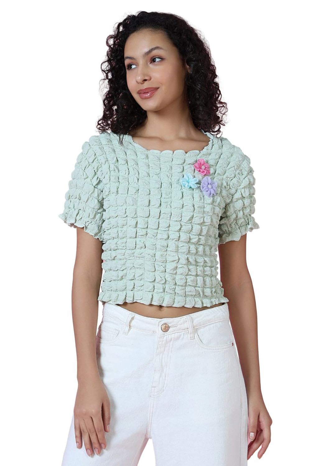 showoffff Women Self Design Casual Top | Round Neck Half Sleeves Georgette Top's for Womens | Regular Fit Regular Length Tops for Women's-picture-33