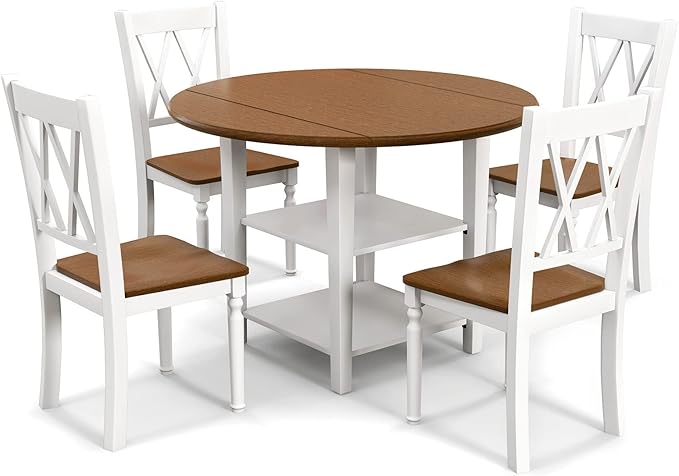 Giantex 5-Piece Dining Set for 4, Drop-Leaf Round Kitchen Table & 4 Chairs w/Solid Wood ...