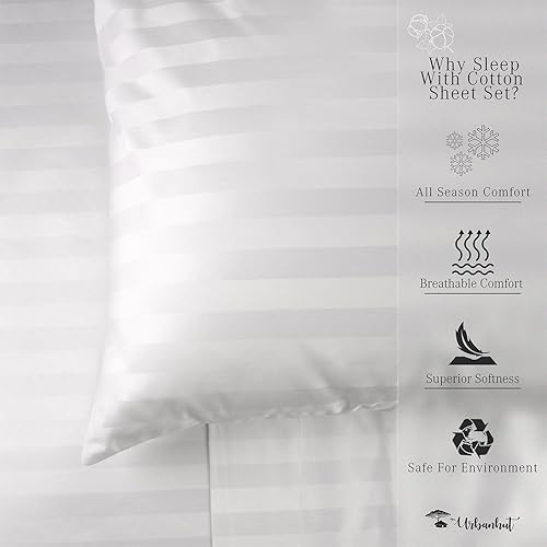 Miniatura 6 de URBANHUT Juego de sábanas de 800 hilos de algodón egipcio, damasco, a rayas, tamaño King (4 unidades), ultrasuaves y lisas, tejido satinado, sábanas