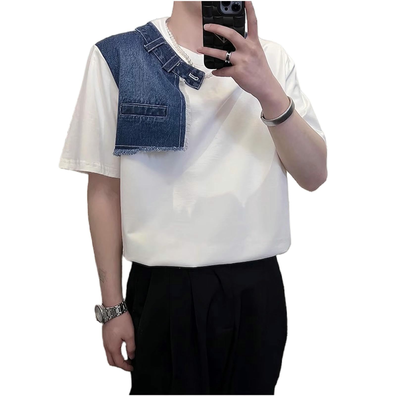 Maglietta Uomo Maglione alla Moda da Uomo A Maniche Corte, Estivo, con Cuciture in Denim, Scollo Rotondo, Morbido E Confortevole, Maglietta Attillata-bianco-3xl