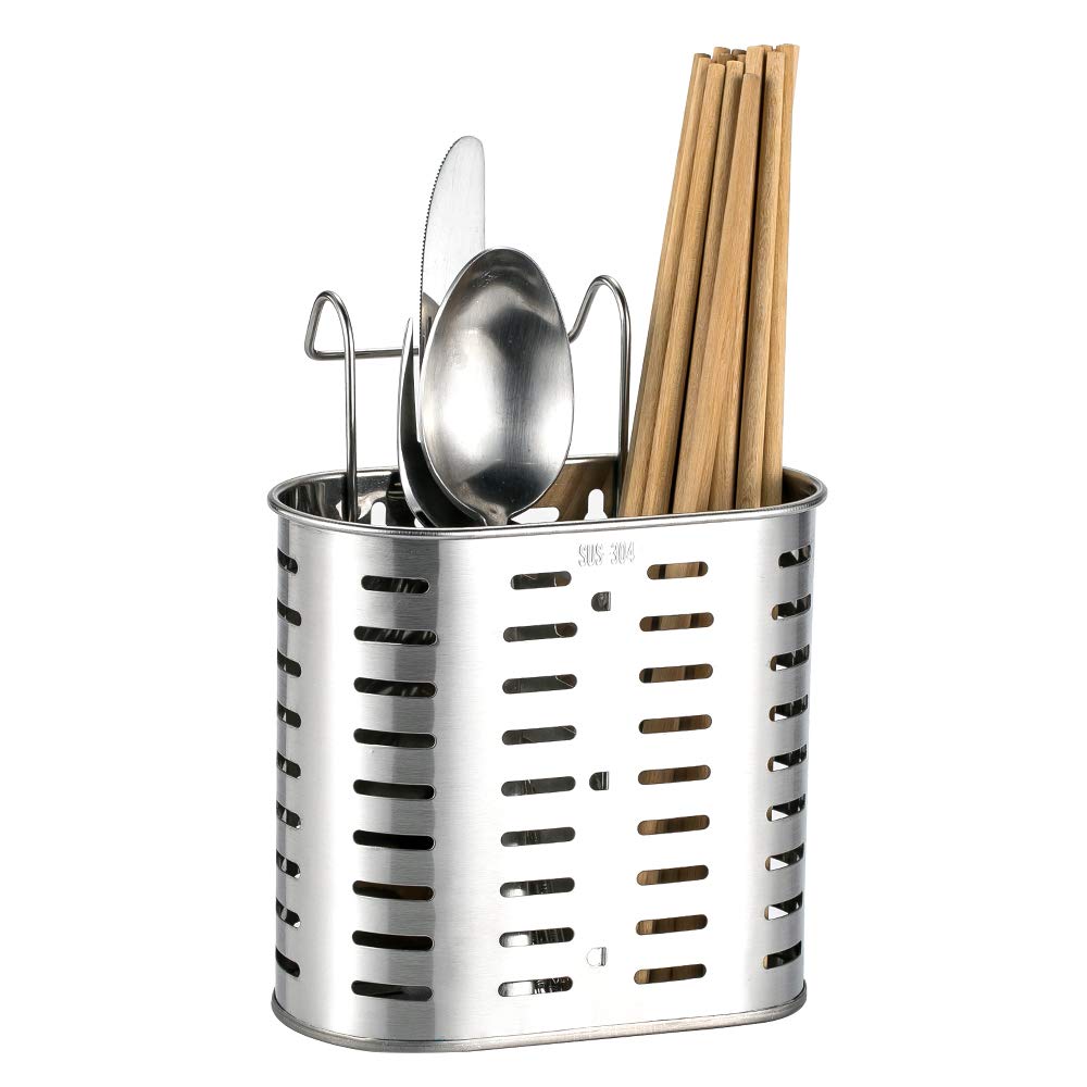 Decdeal Porta Posate in Acciaio Inox Cromato con 2 Scomparti,Utensili da Cucina Asciugatura con Cremagliera,Drenante Rack Metallo di Appeso con Ganci