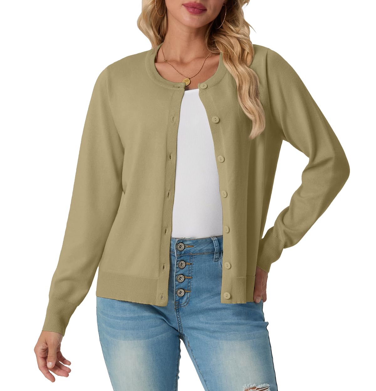 GRECERELLE Cárdigan suave de verano para mujer, bonito y ligero, cuello redondo, manga larga, suéter de punto sólido, suéteres casuales con botones para mujer, noches de verano y citas