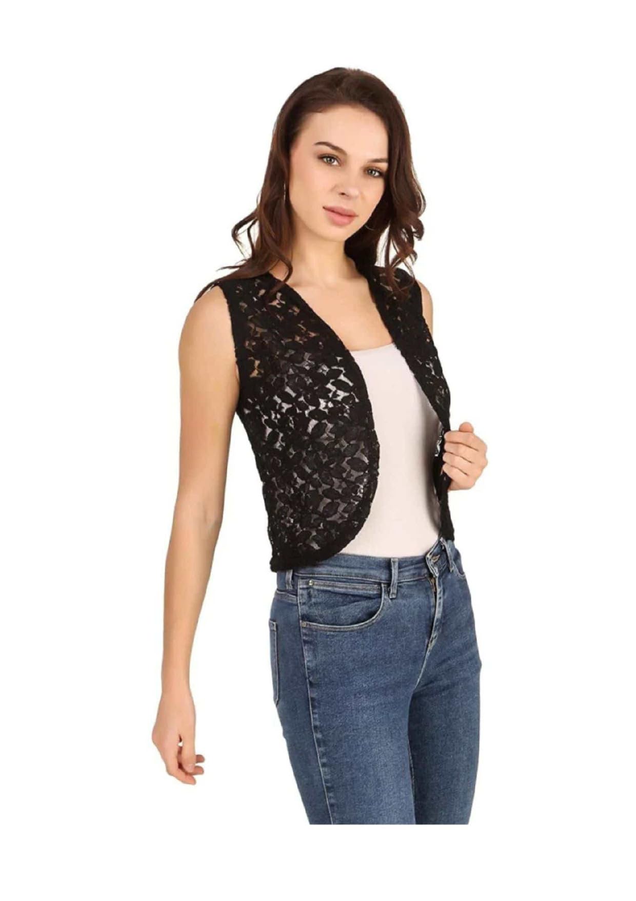 Meher Hosiery Sleeveless Cotton Net Floral Design Shrug for Girls & Women - Casual & Formal Wear-picture-20