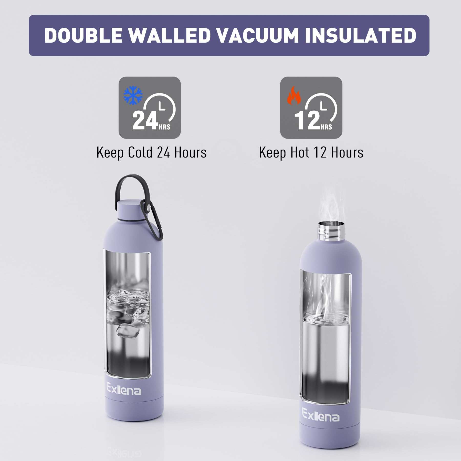 Exllena Borraccia Termica 1 Litro con Maniglia e Moschettone - Bottiglia Termica 1 Litro Mantenere Calore/Freddo - Senza BPA - 100% A Tenuta Stagna per Escursioni, Campeggio, Viaggi, Sport...(Viola)