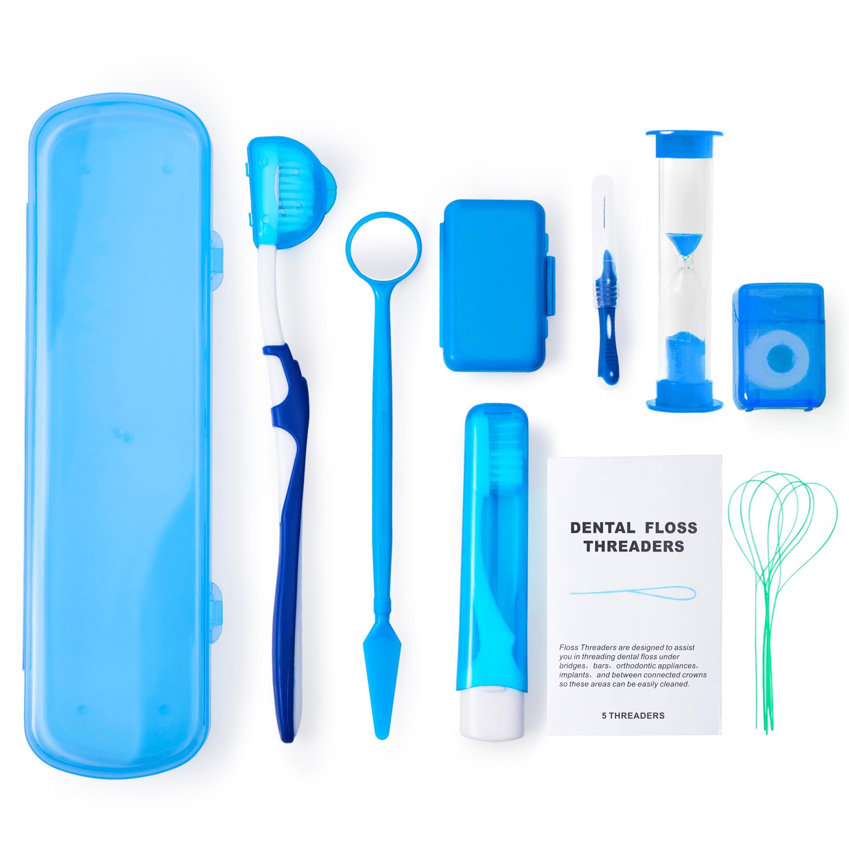Annhua Braces Cleaning Kit 8 Pack, Orthodontic Travel Dental Care Set with Interdental Brushes, Brace Wax, Floss Threader, Oral Mirror & Timer - Portable for Teeth Aligners, Retainers - Blue