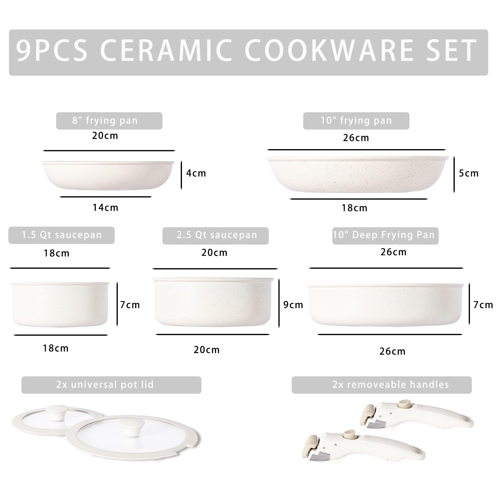 9 pentole e padelle in ceramica antiaderente, manico rimovibile，atossiche, adatte all'induzione e alla cottura in forno, senza PTFE e PFOS, bianco