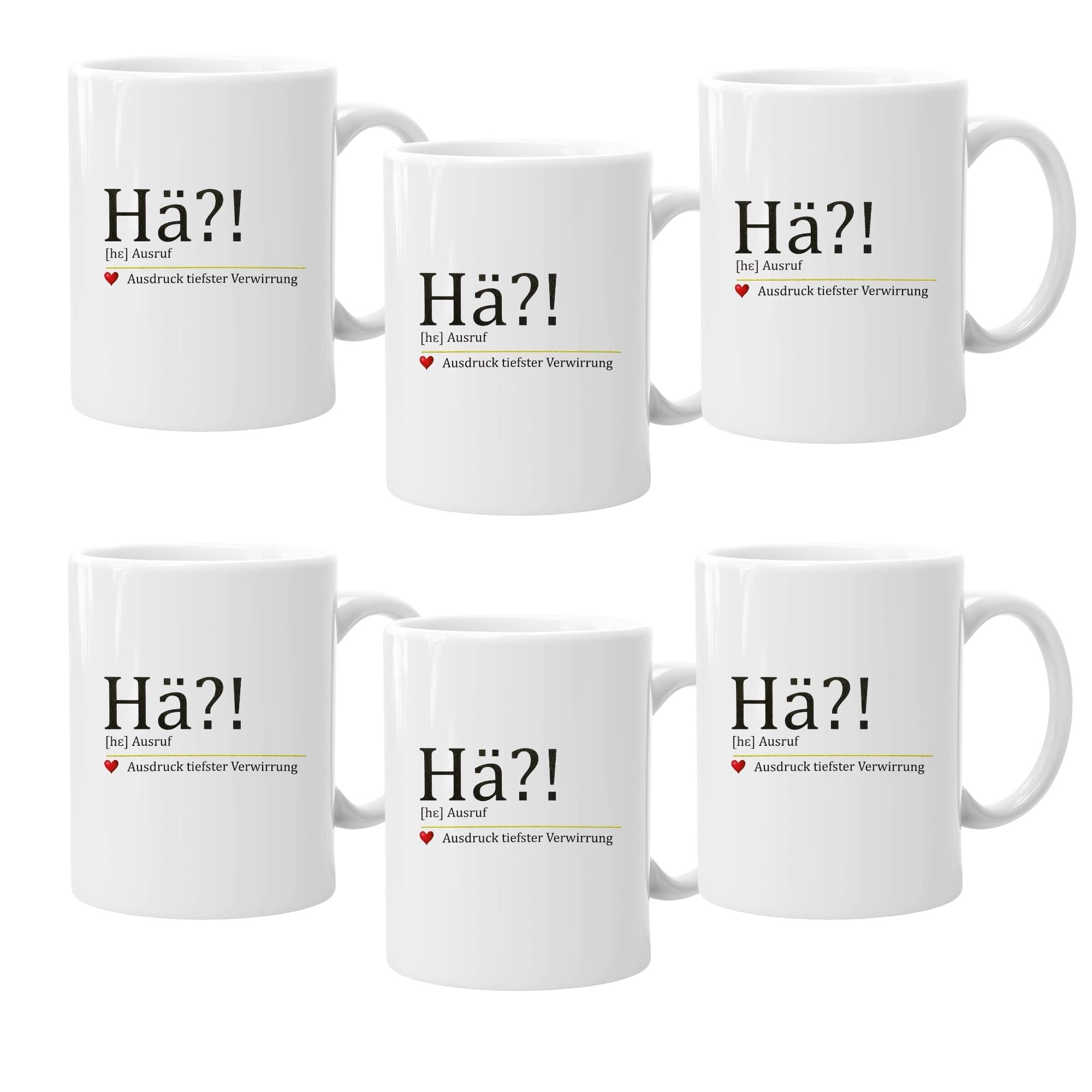 Norddeutsche Kaffeetassen-Set, 6 Stück, 330ml, Sprüche-Design, Spülmaschinenfest, Weiß, beidseitig bedruckt (6 Tassen Hä?!)