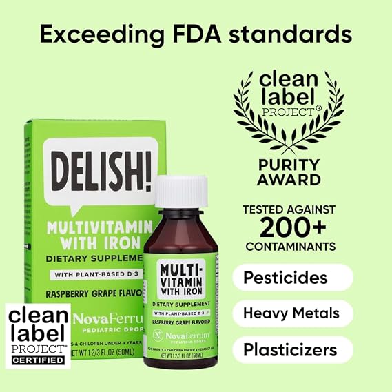 NovaFerrum Delish | Vegan Multivitamin with Iron for Infants, Toddlers & Kids | Immune Support | Organic Plant-Based D-3 | Gluten Free | Vegan Verified | Sugar Free | 1.69 Fl Oz (50 mL)