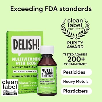 NovaFerrum Delish | Vegan Multivitamin with Iron for Infants, Toddlers & Kids | Immune Support | Organic Plant-Based D-3 | Gluten Free | Vegan Verified | Sugar Free | 1.69 Fl Oz (50 mL)