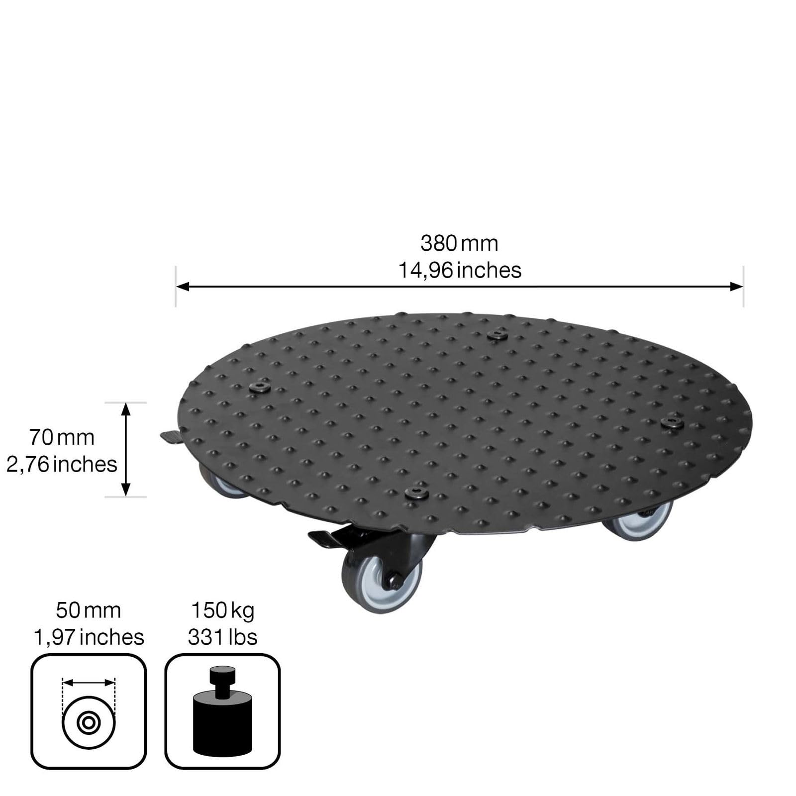 WAGNER Support à roulettes pour pot de fleur ALASKA BLACK Ø 38 x 7,5 cm I intérieur + extérieur I Roule pot en aluminum revêtu I 2 freins I Capacité de charge 150 kg I Made in Germany - 20700601
