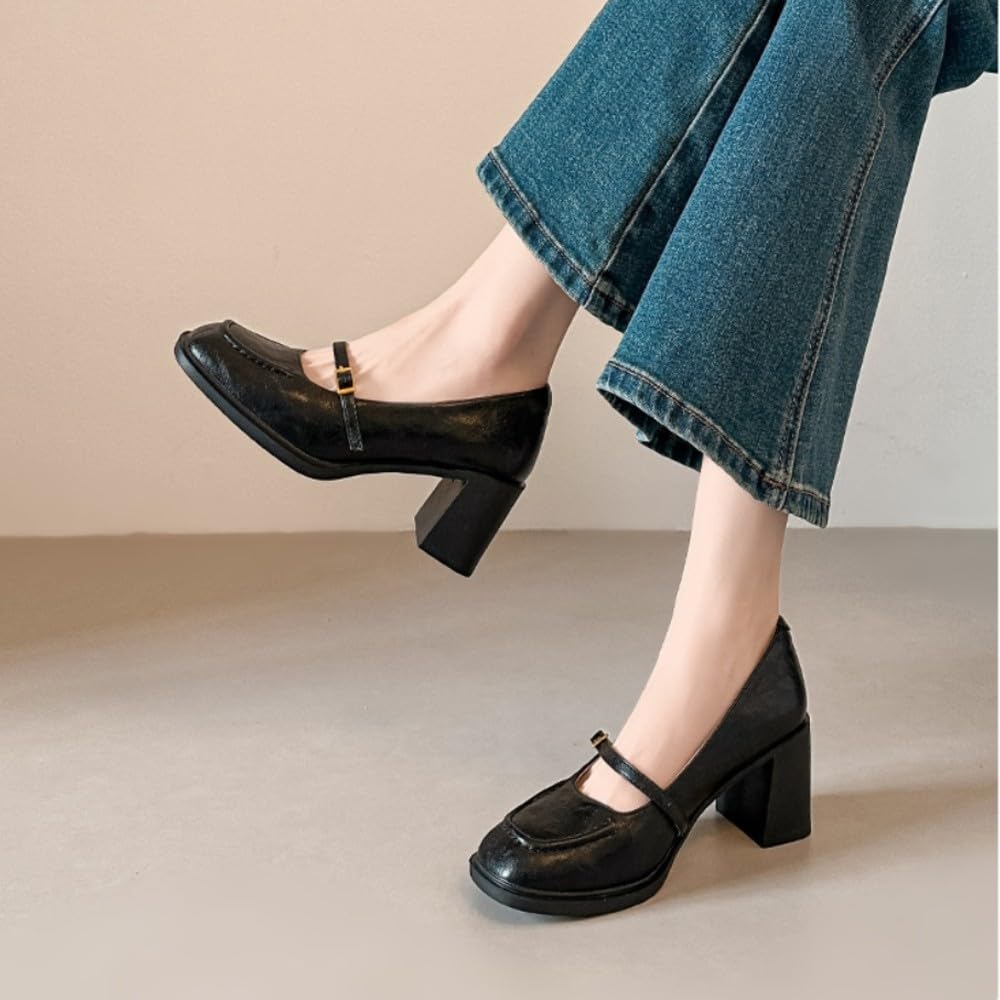 LVJMJ Mary Jane - Scarpe da donna in pelle con tacco grosso e punta quadrata, stile retrò, da ufficio, lavoro, comode, traspiranti, tacco basso da 4,5 cm
