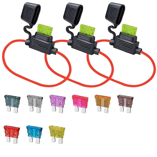 Portafusibles en línea ATCATO de 18 AWG (3 piezas) y fusible de hoja estándar, 5 piezas de cada juego surtido de 1A, 2A, 3A, 4A, 5A, 7.5A, 10A, 15A,