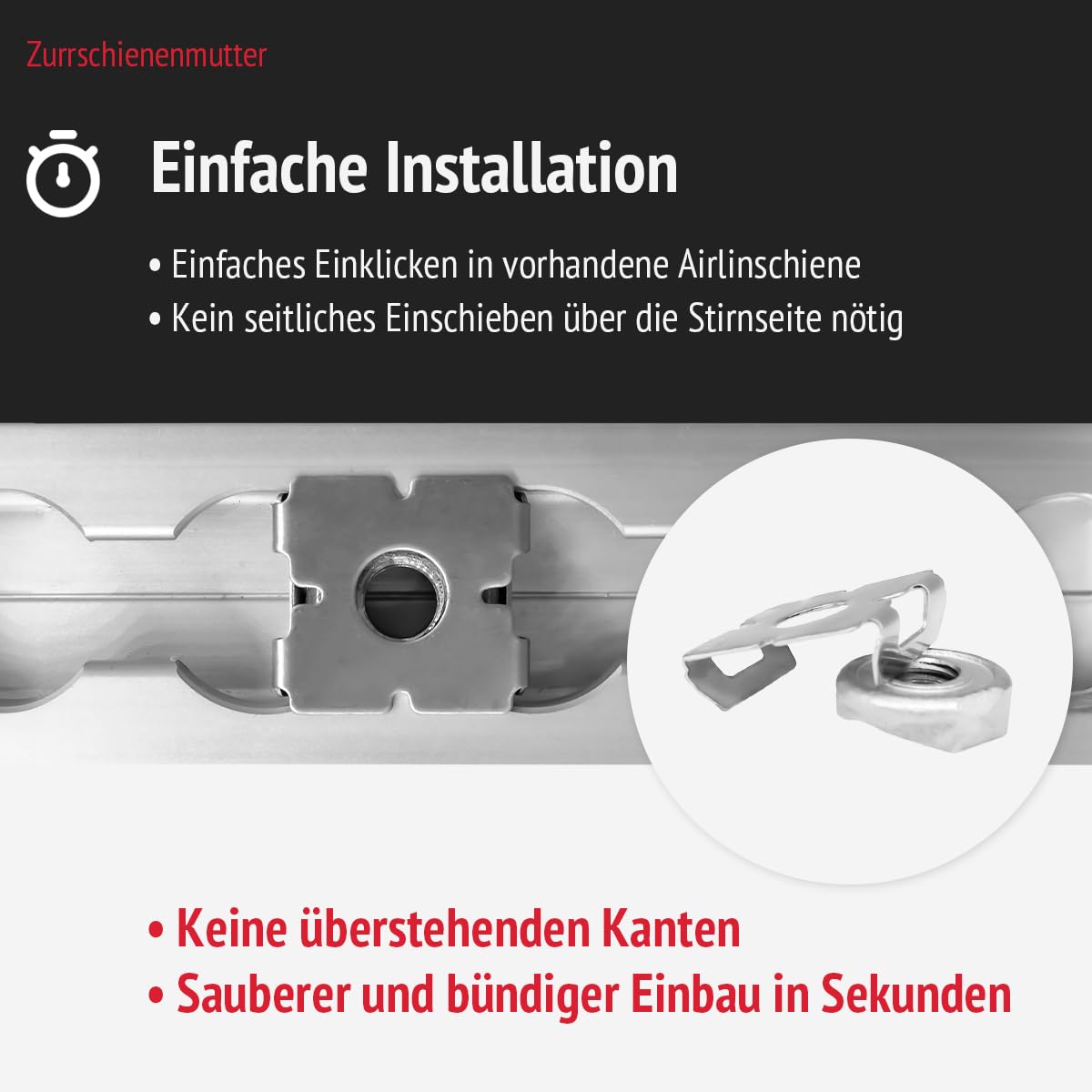Zurrschienenmutter M8 für Airlineschiene | Airlineschiene Fitting im 10er Set, mit Clip zum Einsetzen | Belastbarkeit: 900kg (vertikal), 400kg (horizontal); Größe: 24,3 x 19,1 x 7,3mm