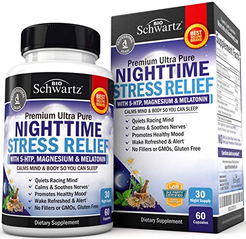 Nighttime Stress Relief Supplement - Natural Sleep Aid with Melatonin, 5-HTP, Magnesium, Valerian Root & Lemon Balm to Calm & Soothe Nerves - Wake Refreshed & Alert - 60 Capsules