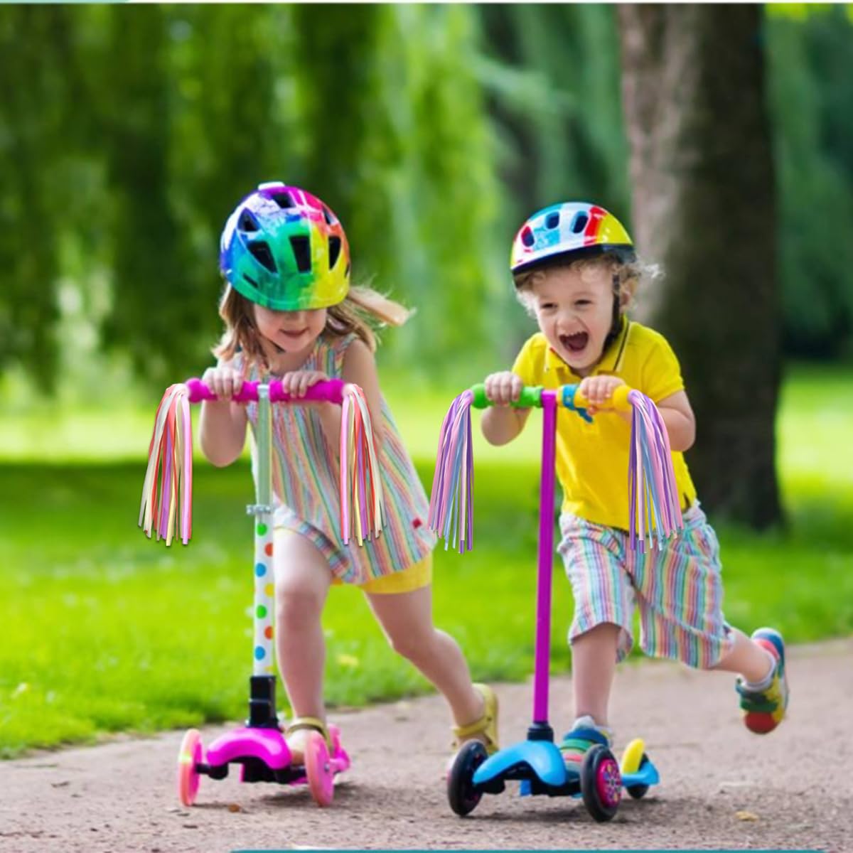 2 Paires Franges Guidon Vélo Enfant - Multicolore (rouge, Rose, Bleu, Jaune) - Nylon 25 Cm