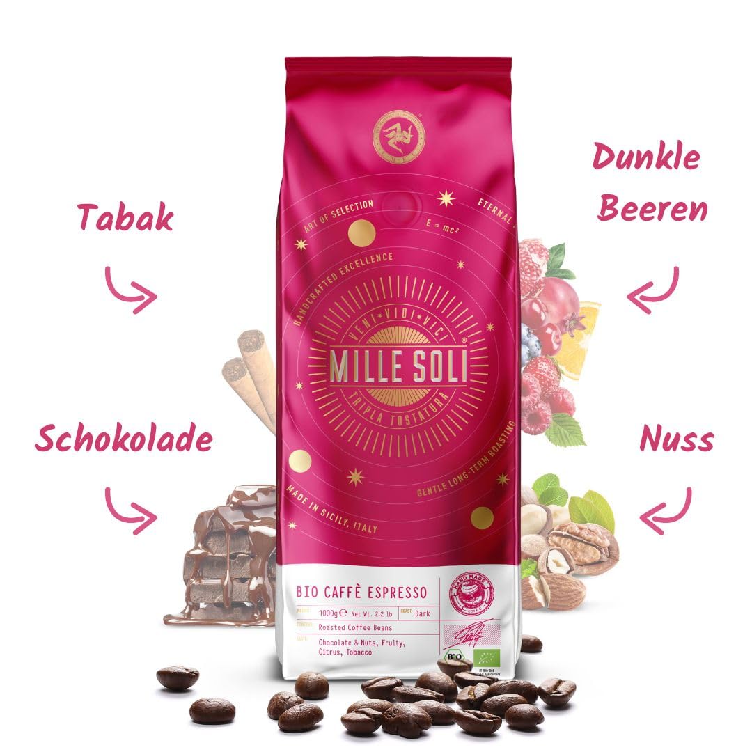 MilleSoli Bio ziarna espresso – palone na Sycylii – ziarna kawy premium 1 kg – 100% Bio Arabica i Robusta – tradycyjne potrójne palenie ręczne