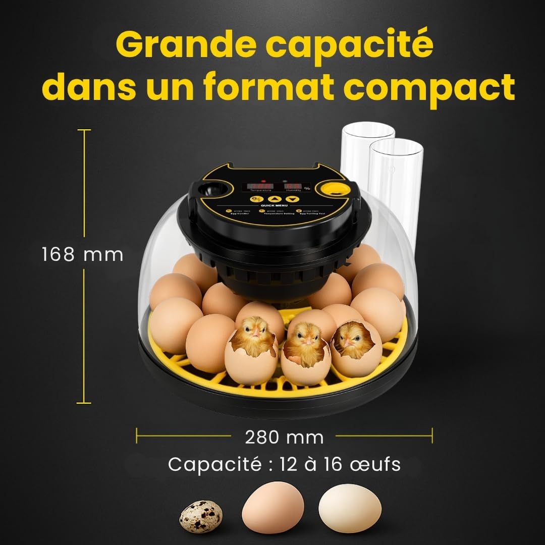 COUVEUSE ŒUFS AUTOMATIQUE pour tous types d’oiseaux | 12-16 œufs | contrôle température, humidité et retournement | calendrier, mangeoire, abreuvoir, guide | sans batterie, secteur 35W