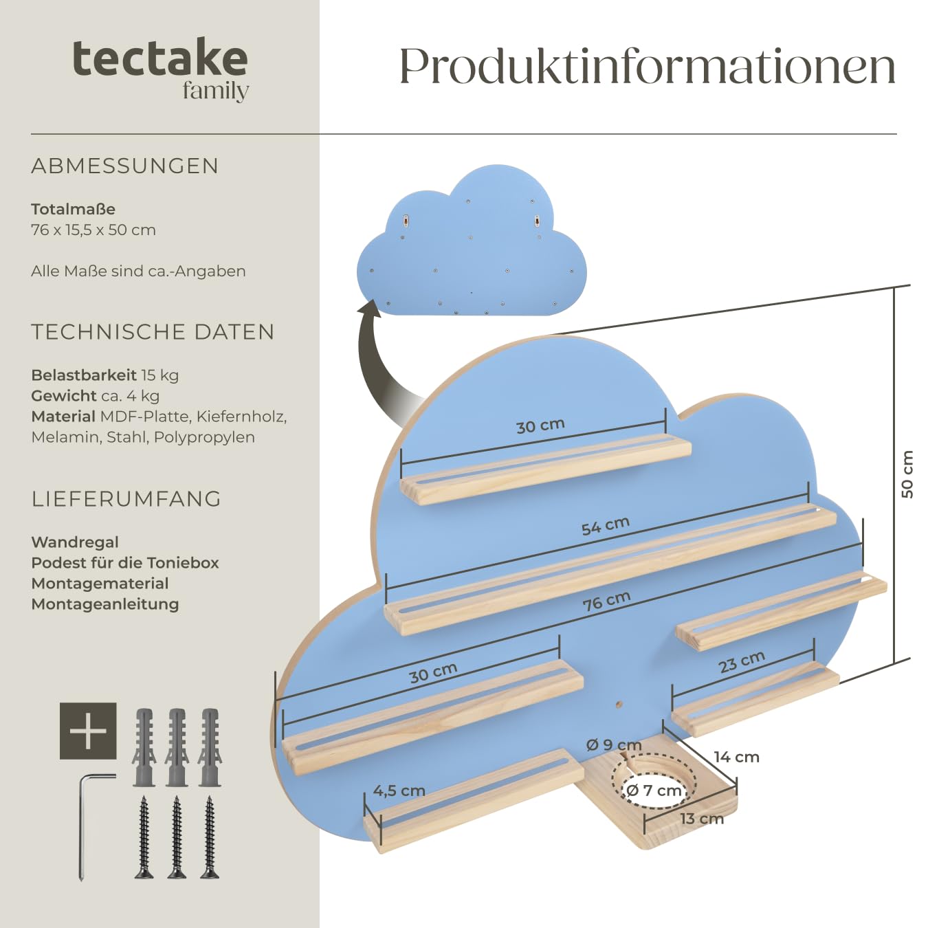 tectake® Holz Regal mit Magnetstreifen für Wand Montage, Tonieregal, Wandregal für's Kinderzimmer, Aufbewahrung Musikbox, für Tonies Tonie Hörfiguren und Toniebox - blau