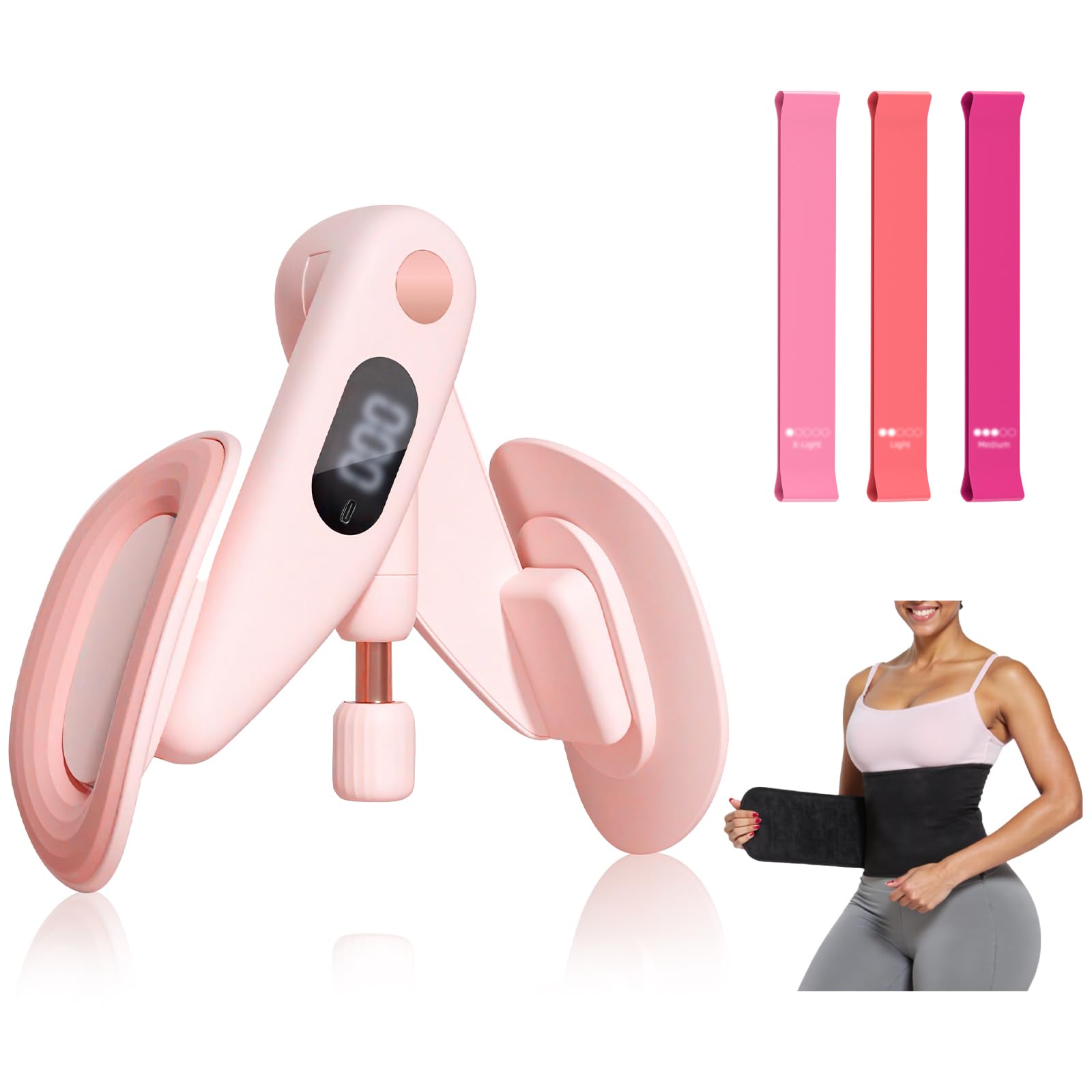 Mexlyca Thigh Master Thigh Exerciser for Women, LED Pelvic Floor Exercise Devices, Inner Thigh Exercise Equipment with Resistance Bands and Long Waist Bands, User Guide for Women Home Gym