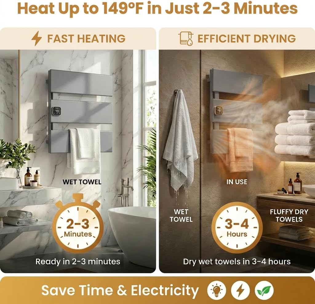 Electric Towel Warmer, Heated Towel Rack with Thermo Control and Timer, Fast Heating Towel Rail for Bathroom with Memroy Function, Work with Smart Plug, Left-Wiring, 3 Panel, Gun Gray