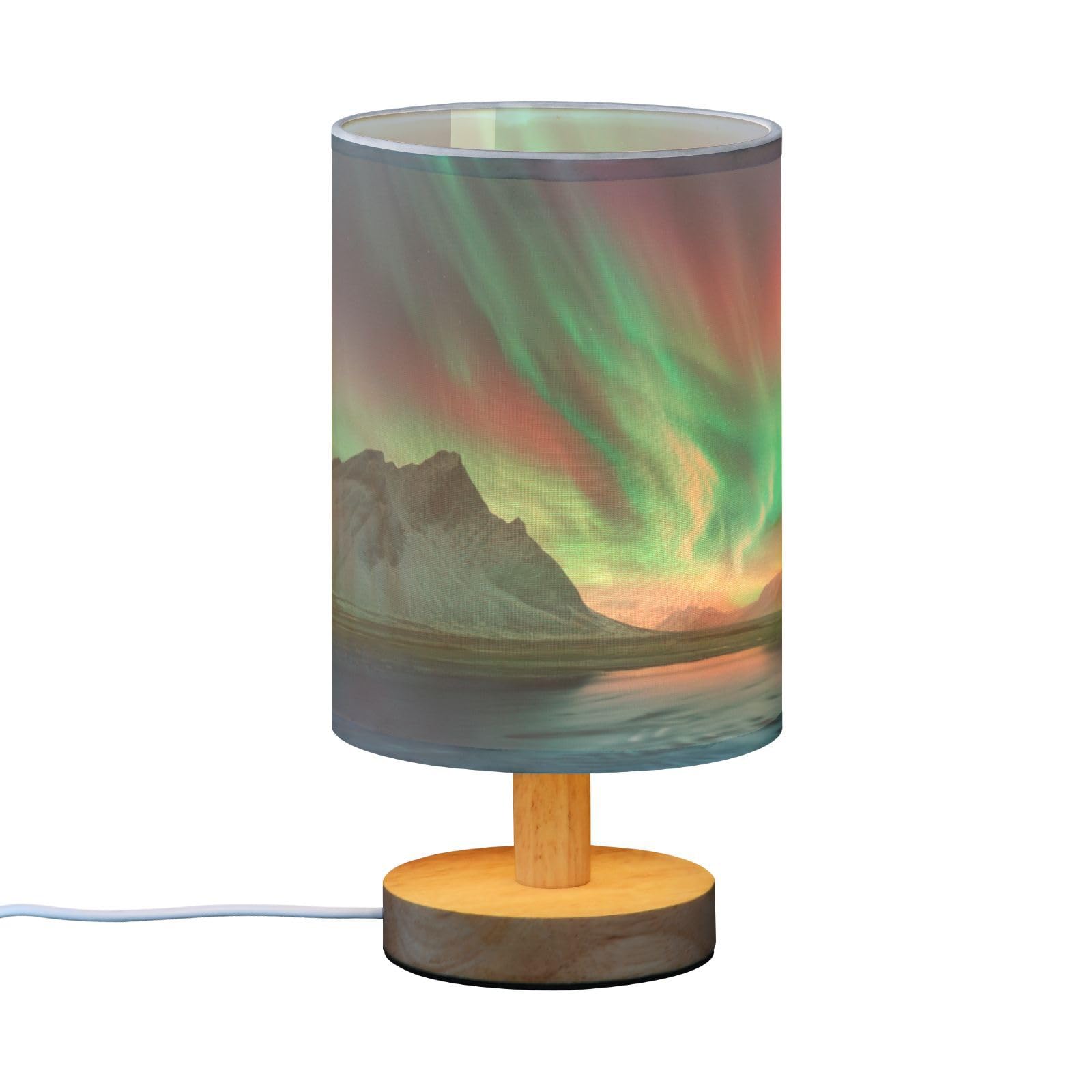 SDMKA Aurora Borealis Pattern Bedside Table Lamp for Bedroom, Minimalist Nightstand Lamp with Round Fabric Shade for Living Room, Office, No Bulb Required