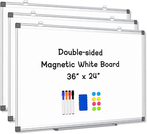 Miniatura 8 de Pizarra blanca grande de borrado en seco para pared, 60 x 40 pulgadas, pizarra magnética de doble cara con bandeja larga para bolígrafos, pizarra