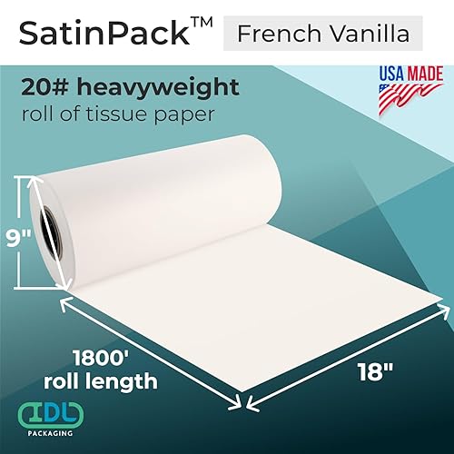 Miniatura 2 de IDL Packaging Rollo de papel de seda SatinPack de 18 pulgadas x 1800 pies, peso de 20 bases, color vainilla francesa, papel de seda decorativo sin