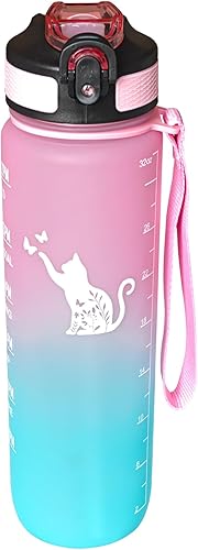 Botella de agua floral para gatos de 32 onzas  Botella de agua deportiva sin BPA a prueba de fugas con popote y correa de transporte, marcador de