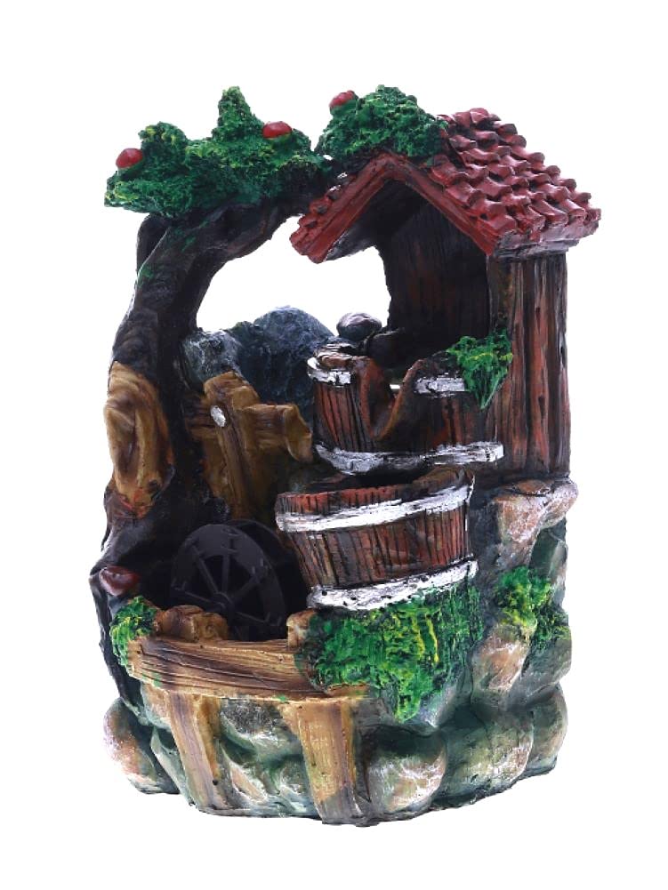 Indoor Tabletop Fountain with Cottage Design, 11", Waterfalls with Rolling Crystal Ball, Spinning Wheel and LED lights