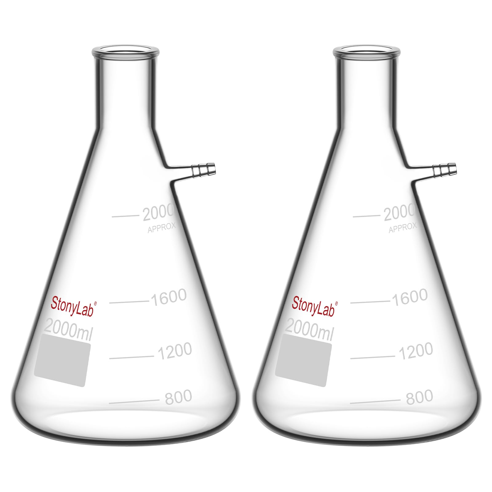 stonylab Paquet de 2 Fioles Filtrantes en Verre Borosilicaté de 2000ml, Glass Filtering Flask, Col Boulonné et Tubulation, 2000ml