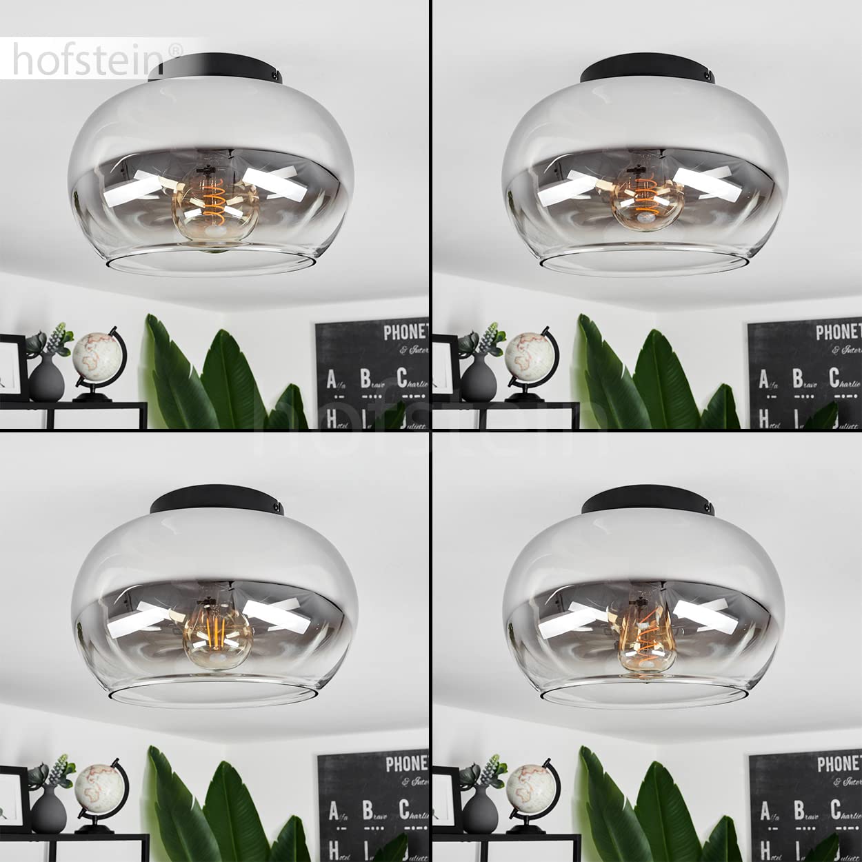 HOFSTEIN Deckenleuchte Molloy, Deckenlampe aus Metall/Glas in Schwarz/Rauchfarben/Klar, moderne Leuchte im Retro/Vintage-Design, Ø 31 cm, E27, Schlafzimmer, Wohnzimmer, Küche, Esszimmer
