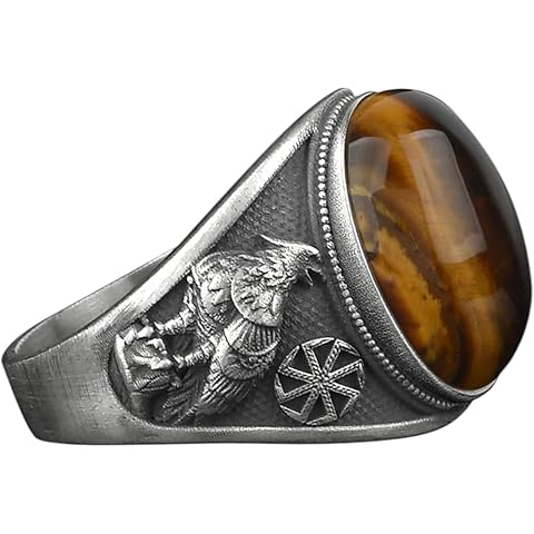 BySilverStone - Silver Tiger's Eye with Viking Blood Eagle Men Ring, Gemstone Gift Ring for Men, Unique Mythology Men Ring for Her, Brown Stone Men Ring Jewelry